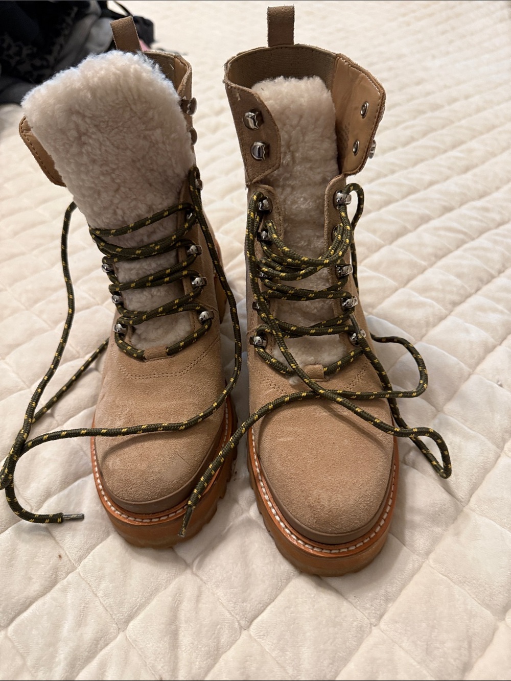 Marc Fisher Women’s Shearling-Lined Tan Suede Lace-Up Boots